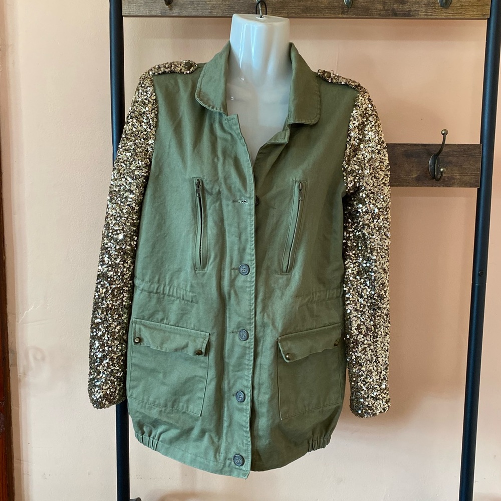 Vera and Lucy Sequin sleeved Olive Army Ja…